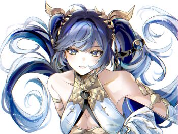 1girl ahoge armlet bare_shoulders blue_eyes blue_hair breasts cleavage commentary gold_bra highres iuno_(wuthering_waves) jewelry laurel_crown long_hair looking_at_viewer medium_breasts multicolored_hair parted_lips ray_(36smray) simple_background smile solo streaked_hair twintails upper_body white_background wuthering_waves