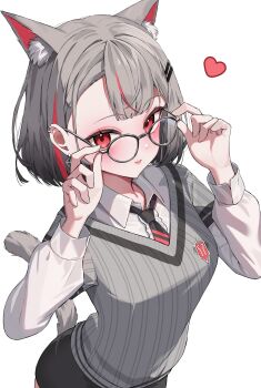 1girl absurdres adjusting_eyewear animal_ear_fluff animal_ears black-framed_eyewear black_nails black_skirt cat_ears cat_girl cat_tail collared_shirt cowboy_shot daimi_94 earclip earrings glasses grey_hair grey_sweater_vest hair_ornament hairclip hands_up hashtag-only_commentary heart highres jewelry long_sleeves looking_at_viewer multicolored_hair neneko_mashiro parallel_hairclips parted_bangs parted_lips red_eyes round_eyewear school_uniform shirt short_hair simple_background skirt solo standing stellive streaked_hair sweater_vest tail virtual_youtuber white_background white_shirt wing_collar