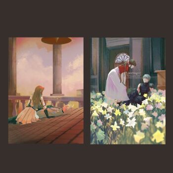 2boys 2girls aerith_gainsborough aerith_gainsborough_(cosplay) alternate_universe anothingvv armor artist_name baggy_pants bangle bell bell_tower black_gloves black_pants black_shirt blonde_hair bracelet brown_hair church closed_mouth cloud_strife cloud_strife_(cosplay) cosplay couple cropped_jacket dress final_fantasy final_fantasy_vii final_fantasy_vii_remake flower flower_bed gloves grey_hair hair_ribbon hand_on_own_chest hands_on_own_knees hetero highres indoors jacket jewelry leaning_forward lily_(flower) long_dress looking_at_another love_and_deepspace lying multiple_boys multiple_girls on_back on_rooftop pants pauldrons pink_dress pink_ribbon pleated_skirt ponytail protagonist_(love_and_deepspace) protagonist_(love_and_deepspace)_(cosplay) red_jacket ribbon shirt short_hair shoulder_armor sidelocks single_bare_shoulder single_pauldron sitting skirt sleeveless sleeveless_shirt spiked_hair suspenders white_flower white_jacket white_skirt xavier_(love_and_deepspace) xavier_(love_and_deepspace)_(cosplay) yellow_flower