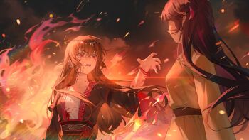2girls angry belt black_hair blood blood_on_clothes blood_on_face brown_hair chimei_(love_curse:_find_your_soulmate) chinese_clothes clothing_request collarbone fire game_cg hand_up hell highres long_hair love_curse:_find_your_soulmate multiple_girls non-web_source official_art open_mouth pale_skin red_eyes selene_yan teeth upper_body upper_teeth_only