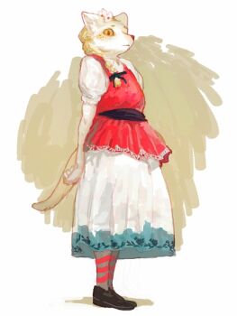 1girl blonde_hair braid commentary_request dress flower full_body furry furry_female hair_flower hair_ornament hair_over_shoulder long_hair looking_at_viewer nagabe original pantyhose puffy_short_sleeves puffy_sleeves short_sleeves single_braid solo species_request standing striped_clothes striped_pantyhose tail white_dress white_flower yellow_background yellow_eyes
