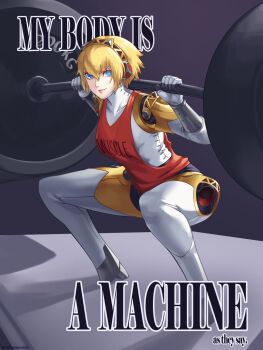 1girl aigis_(persona) android blonde_hair blue_eyes english_text exercising hairband headphones highres joints looking_at_viewer mayonnaisenais3 meme my_body_is_a_machine_(meme) persona persona_3 robot_ears robot_girl robot_joints short_hair smile solo weightlifting