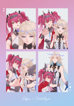 2girls 8k_u absurdres alternate_breast_size_(smaller) armor bare_shoulders black_bow black_dress blonde_hair blue_background blue_eyes blue_hair blurry bow breastplate breasts cartethyia_(wuthering_waves) claw_pose closed_eyes collar colored_inner_hair commentary_request crown_of_thorns dress earrings facing_viewer fingernails fleurdelys_(wuthering_waves) floating_earrings gradient_background grin hair_between_eyes hair_bow hairband hand_puppet hands_up headgear heart heart_hands heart_hands_duo height_difference highres jewelry large_breasts long_hair looking_at_viewer lupa_(wuthering_waves) medium_breasts metal_collar metal_hairband multicolored_hair multiple_earrings multiple_girls multiple_hair_bows necklace one_eye_closed open_mouth parted_bangs parted_lips pink_background pink_hair pointy_ears puppet red_pupils smile tabard tacet_mark_(wuthering_waves) twintails white_tabard wuthering_waves yellow_eyes