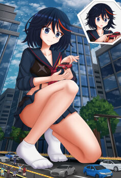 ankle_socks blue_eyes blue_hair blue_sailor_collar blue_serafuku blue_shirt blue_skirt blue_sky building car character_request closed_mouth cloud cloudy_sky commentary commission crop_top day english_commentary giant giantess hair_between_eyes highres holding kazenokaze kill_la_kill lamppost long_sleeves mankanshoku_mako matoi_ryuuko motor_vehicle multicolored_hair neckerchief no_shoes on_one_knee open_mouth outdoors pleated_skirt puffy_long_sleeves puffy_sleeves red_hair red_neckerchief road sailor_collar school_uniform serafuku shirt skirt sky smile socks streaked_hair street tree white_socks