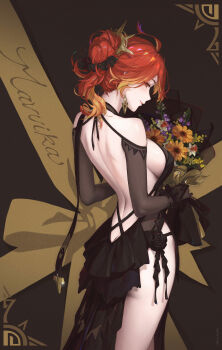 Rule 34 | 1girl, absurdres, alternate costume, ass, backless dress, backless outfit, black dress, black gloves, bouquet, breasts, butt crack, commentary, cowboy shot, dress, duplicate, earrings, elbow gloves, english commentary, flower, genshin impact, gloves, hair up, highres, holding, holding bouquet, jewelry, kuri kuriku, large breasts, looking at viewer, looking back, mavuika (genshin impact), pixel-perfect duplicate, red eyes, red hair, solo