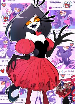 2girls :d absurdres bare_shoulders black_gloves black_hair black_lips black_shirt black_skirt breasts cleavage colored_sclera commentary earrings elbow_gloves english_commentary fangs feet_out_of_frame gloves grin hazbin_hotel hellaverse highres jacket jewelry long_hair medium_breasts minekopoison multiple_girls open_clothes open_jacket open_mouth orange_sclera pale_skin pantyhose puffy_short_sleeves puffy_sleeves red_jacket red_pantyhose red_sclera red_skirt shirt short_sleeves skirt skull_earrings smile solo_focus taking_picture teeth upper_teeth_only velvette_(hazbin_hotel) yellow_eyes