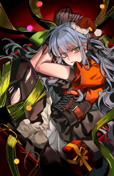 Rule 34 | 1girl, bang dream!, bang dream! it's mygo!!!!!, black corset, black gloves, black pantyhose, black ribbon, black skirt, blue hair, chinese commentary, commentary request, corset, earrings, gift, gloves, green ribbon, hair ribbon, hat, highres, jewelry, long hair, looking at viewer, ne2op, oblivionis (bang dream!), open mouth, orange eyes, pantyhose, puffy short sleeves, puffy sleeves, red shirt, ribbon, santa hat, shirt, short sleeves, skirt, solo, togawa sakiko, torn clothes, torn pantyhose