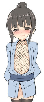 1girl arms_behind_back black_hair black_thighhighs blue_kimono blush breasts brown_eyes collarbone commentary_request cowboy_shot fishnets groin hair_bun half-closed_eyes japanese_clothes kimono kunoichi_tsubaki_no_mune_no_uchi loli mokuren_(kunoichi_tsubaki_no_mune_no_uchi) navel no_panties nose_blush obi parted_lips sash sidelocks simple_background single_hair_bun small_breasts smile solo standing sweat thighhighs unname white_background