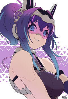 Rule 34 | 1girl, android, aqua hair, bare shoulders, blue eyes, breasts, cable, colored tips, commentary, english commentary, epebe, eyelashes, gradient hair, hair intakes, headset, highres, looking at viewer, medium hair, melody (projektmelody), melody (projektmelody) (cybermel), multicolored hair, official alternate costume, pink-tinted eyewear, ponytail, purple hair, sidelocks, smile, solo, streaked hair, tinted eyewear, virtual youtuber, vshojo