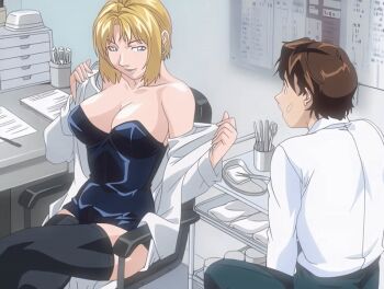 00s 1boy 1girl 2006 age_difference animated animated_gif bare_shoulders bible_black bible_black_new_testament blonde_hair blue_eyes breasts brown_hair cleavage cross cross_earrings dress earrings grin jewelry kitami_reika lab_coat large_breasts lipstick makeup nurse off_shoulder older_female_and_younger_male plaster school_nurse school_nurse_and_student school_uniform shin_bible_black shirt short_hair smile tagme witch yamanishi_naoto