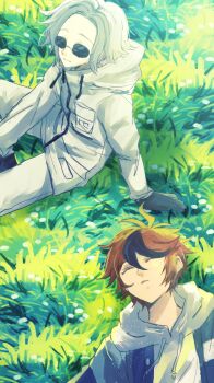 2boys absurdres ahoge aotsuki_eito black_gloves black_streaks blue_jacket closed_eyes commentary_request field gloves grey_hair grey_jacket highres hood hoodie jacket jacket_over_hoodie kawati lying male_focus multicolored_hair multicolored_jacket multiple_boys on_back on_grass open_clothes open_jacket outdoors parted_lips red_hair short_hair sitting sleeping smile streaked_hair sumino_takumi sunglasses the_hundred_line_-last_defense_academy- two-tone_jacket white_hoodie white_jacket