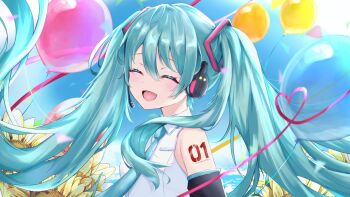 1girl anniversary balloon bare_shoulders black_sleeves blue_hair blue_necktie blue_sky blush breast_pocket character_name closed_eyes cloud cloudy_sky collared_shirt confetti day detached_sleeves floating_hair flower hair_between_eyes hair_ornament happy hatsune_miku headphones heart heart_of_string highres long_hair microphone necktie number_tattoo open_mouth outdoors pocket shirt sky sleeveless sleeveless_shirt smile solo sunflower tattoo tiizumaru98 tongue twintails upper_body vocaloid wavy_hair white_shirt yellow_flower