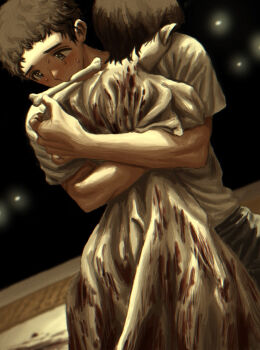 2boys a3dyqtlpqjcuqvs black_eyes blood blood_on_clothes bone brown_hair commentary_request corpse hug male_focus mouth_hold multiple_boys original shirt short_hair