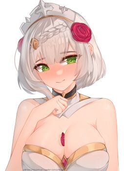 Rule 34 | 1girl, bare shoulders, between breasts, blush, breasts, cleavage, commentary, english commentary, flower, full-face blush, genshin impact, green eyes, grey hair, hair flower, hair ornament, highres, large breasts, looking at viewer, maid headdress, noelle (genshin impact), patreon username, pinkius, red flower, red rose, rose, shield hair ornament, simple background, smile, solo, twitter username, upper body, valentine, white background