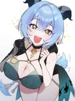 1girl absurdres animal_ears black_choker black_hoodie black_horns black_shorts blue_hair blush braid braided_twintails breasts charm_(object) choker cleavage ear_tag eyebrows_hidden_by_hair eyes_visible_through_hair facing_viewer goat_ears goat_girl goat_horns goat_tail green_eyes happy highres hood hoodie horns key large_breasts long_hair looking_at_viewer lucia_elowen mole mole_on_arm short_shorts shorts smile solo sparkle standing tail teeth thighs twintails ume_(yuuki-110813) upper_teeth_only very_long_hair white_background zenless_zone_zero