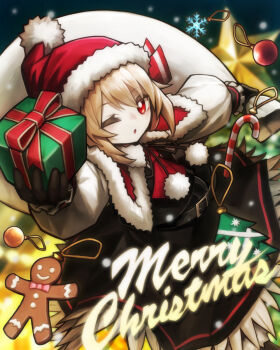 1girl belt black_belt black_gloves black_skirt black_vest blonde_hair box candy candy_cane capelet christmas christmas_tree commentary_request food fur-trimmed_capelet fur-trimmed_headwear fur_trim gift gift_box gingerbread_man gloves hair_ribbon hat highres holding holding_gift holding_sack long_sleeves looking_at_viewer loose_belt merry_christmas one_eye_closed open_mouth red_capelet red_eyes red_hat red_ribbon ribbon rumia sack santa_hat shirt skirt snowflakes solo spark621 touhou vest white_shirt
