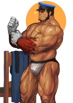 Rule 34 | 1boy, absurdres, alternate skin color, bara, belt, bulge, dark-skinned male, dark skin, fang, feet out of frame, forked eyebrows, gloves, hachimaki, hat, headband, highres, jockstrap, large pectorals, long sideburns, male focus, male underwear, mature male, muscular, muscular legs, muscular male, nejiri hachimaki, official alternate costume, open clothes, open shirt, pectoral cleavage, pectorals, police, police hat, police uniform, print male underwear, short hair, sideburns, solo, sparkle, striped, tajikarao (housamo), thighs, tokyo houkago summoners, topless male, traver009, underwear, underwear only, undressing, unworn belt, unworn kimono, veins, white gloves, white male underwear