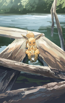 bidoof branch bridge brown_eyes brown_fur buck_teeth cheek_squash closed_eyes closed_mouth commentary eevee gen_1_pokemon gen_4_pokemon head_grab highres lake mouth_hold nintendo no_humans outdoors partially_submerged plank plant pokemon pulling stuck teeth wooden_bridge yamaori_(hakkentai_pokedan)