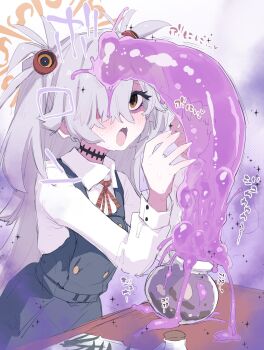 1girl black_dress blue_archive blush collared_shirt dress emanonta fingernails flask grey_hair hair_between_eyes hair_over_one_eye halo hand_up highres kanoe_(blue_archive) loli long_hair long_sleeves neck_ribbon one_eye_covered open_mouth orange_halo penis pinafore_dress purple_liquid ribbon scar scar_on_neck shirt sleeve_cuffs sleeveless sleeveless_dress slime_(creature) solo sweat undershirt very_long_hair white_shirt