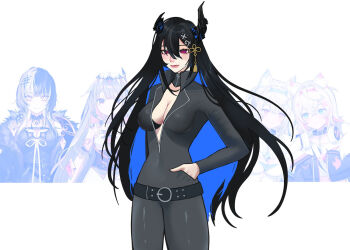belt belt_buckle black_bra black_hair black_horns black_jacket black_pants blue_hair bra bra_visible_through_clothes buckle center_opening collar colored_inner_hair cosplay cowboy_shot devil_summoner:_soul_hackers devil_summoner_(series) fuwawa_abyssgard fuwawa_abyssgard_(1st_costume) hair_between_eyes hair_ornament hand_in_jacket hand_in_pocket highres hololive hololive_advent hololive_english horns jacket kaimiko koseki_bijou koseki_bijou_(1st_costume) leather leather_jacket leather_pants long_hair mococo_abyssgard mococo_abyssgard_(1st_costume) multicolored_hair nemissa nemissa_(cosplay) nerissa_ravencroft pants red_eyes shiori_novella shiori_novella_(1st_costume) solo_focus standing underwear virtual_youtuber