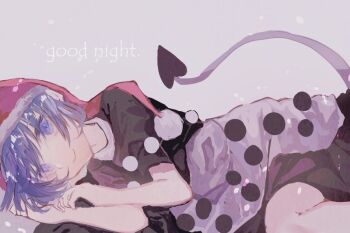 1girl black_dress closed_mouth commentary_request demon_tail doremy_sweet dress english_text grey_background hat looking_at_viewer lying nightcap on_side one-hour_drawing_challenge pom_pom_(clothes) purple_eyes purple_hair red_hat shinjitsu_no_kuchi short_hair smile solo tail touhou