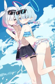 2girls absurdres arona_(blue_archive) ass bikini bikini_skirt black_bikini black_eyes black_hairband black_skirt blue_archive blue_eyes blue_hair blue_halo bow bow_hairband braid breasts choker cloud commentary_request d_(delt4) eyewear_on_head feet_out_of_frame frilled_bikini frills glasses grey_hair hair_bow hair_over_one_eye hair_ribbon hairband halo highres holding_hands long_hair looking_at_viewer miniskirt mismatched_bikini multiple_girls open_mouth pink_halo plana_(blue_archive) red_halo ribbon ruffle_bikini short_hair skirt sky small_breasts sunglasses swimsuit thigh_strap v water_drop water_gun white_bow white_choker white_hairband white_ribbon