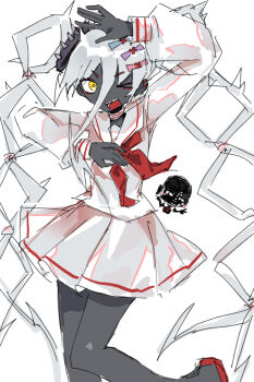 Rule 34 | 1girl, 1other, absurdres, black skin, chouzetsusaikawa tenshi-chan, chouzetsusaikawa tenshi-chan (cosplay), colored skin, commentary request, cosplay, dancing, grey hair, hair ornament, highres, internet overdose, j-core, japanese stream hardcore, joe faiko, joe fight, long hair, looking at viewer, needy girl overdose, one eye closed, para para, school uniform, serafuku, simple background, sketch, solo focus, twintails, very long hair, white serafuku, wusem0108, x hair ornament, yellow eyes