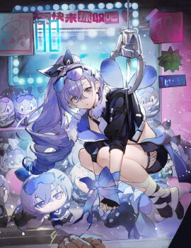 1girl absurdres black_gloves black_jacket black_shorts black_socks character_doll crane_game cropped_jacket crossed_bangs doll drill_hair drill_ponytail earrings eyewear_on_head fingerless_gloves fur-trimmed_jacket fur_trim gloves grey_eyes grey_hair hair_between_eyes hanging highres honkai:_star_rail honkai_(series) jacket jewelry long_hair looking_at_viewer lv_zhu_xuan no_shoes ponytail purple_hair shorts silver_wolf_(honkai:_star_rail) single_drill socks solo stud_earrings sweat