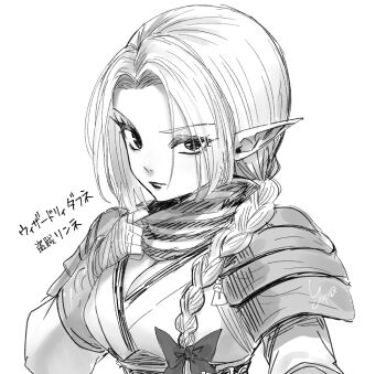 1girl braid breasts cleavage closed_mouth elf greyscale hair_over_shoulder long_hair looking_at_viewer monochrome pointy_ears rinne_(wizardry) simple_background single_braid solo white_background wizardry wizardry_variants_daphne yapo_(croquis_side)