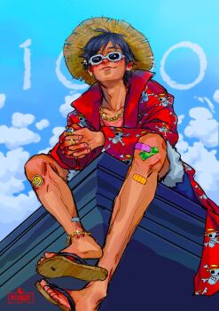 1boy alternate_costume bandaid black_hair blue-framed_eyewear closed_mouth cloud cloudy_sky commentary english_commentary facial_scar hat highres jewelry long_sleeves looking_at_viewer male_focus monkey_d._luffy multiple_rings mxxnbby one_piece open_clothes open_shirt outdoors red_shirt ring sandals scar scar_on_cheek scar_on_face scratches shirt short_hair shorts sitting skull_and_crossbones sky smile solo straw_hat sunglasses