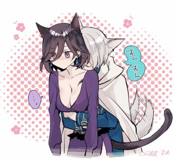 ... 1boy 1girl animal_ears black_hair breasts cat_ears cat_tail cleavage collarbone commentary_request eyelashes grel_(r6hgvu5) hair_between_eyes hug hug_from_behind kemonomimi_mode large_breasts octopath_traveler octopath_traveler_ii snake_tattoo spoken_ellipsis tail tail_wagging tattoo temenos_mistral throne_anguis white_hair