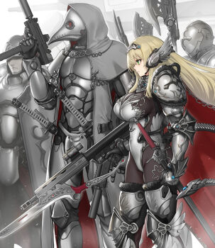 1girl ambiguous_gender armor black_bodystocking blonde_hair bodystocking breastplate breasts cape commentary_request finger_on_trigger from_side full_armor gauntlets greaves green_eyes gun helm helmet highres hiyashiru holding holding_gun holding_weapon katana knight large_breasts leotard long_hair original pauldrons plague_doctor_mask plate_armor polearm sheath sheathed shield shoulder_armor silver_trim submachine_gun sword uzi weapon white_leotard