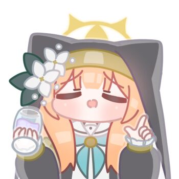 Rule 34 | 1girl, animal ears, blue archive, blunt bangs, blush, chibi, closed eyes, coif, commentary, cup, cupping glass, doyagao, dress, drinking glass, flower, frilled sleeves, frills, halo, hands up, hat, hat flower, holding, holding cup, horuhara, long hair, long sleeves, mari (blue archive), neckerchief, no nose, open mouth, puffy long sleeves, puffy sleeves, raised eyebrows, smug, solo, white flower, wine glass, yellow halo
