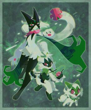 2others animal_hands black_fur body_fur border cat claws evolutionary_line fangs floragato full_body furry gen_9_pokemon green_background green_border green_fur green_hair half-closed_eyes highres looking_at_viewer meowscarada mr_h202 multiple_others nintendo open_mouth pawpads pink_eyes pokemon pokemon_(creature) short_hair short_tail simple_background sprigatito standing tail two-tone_fur yo-yo