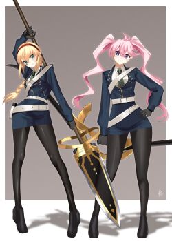 2girls absurdres ahoge black_pantyhose blonde_hair blue_eyes bow braid breasts character_request choppy_bangs contrapposto fate/strange_fake fate_(series) full_body hair_between_eyes high_heels highres holding holding_weapon lance long_hair looking_at_viewer military_uniform multiple_girls pantyhose pink_hair polearm police police_uniform purple_eyes rey_r31_44 sidelocks signature small_breasts twintails very_long_hair weapon
