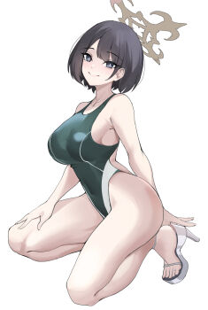 1girl absurdres alternate_costume ass blue_archive breasts brown_halo commentary_request competition_swimsuit from_side full_body halo highleg highleg_one-piece_swimsuit highres hiromi_(blue_archive) kneeling kurochomo large_breasts looking_at_viewer one-piece_swimsuit sandals short_hair smile solo swimsuit white_background