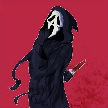 artist_name assassin bloody_background commission ghost ghostface highres knife non-web_source outline panicking red_background scarface scene_reference simple_background solo thriller_(michael_jackson) white_outline