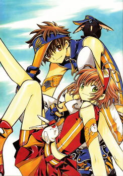 1boy 1girl absurdres blue_gloves brown_eyes brown_hair clamp cloud gloves green_eyes highres mokona official_art sakura_hime short_hair sky smile tsubasa_chronicle visor_cap xiaolang