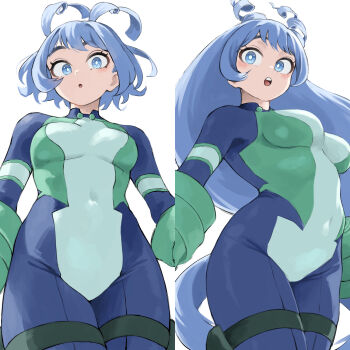 2girls blue_bodysuit blue_eyes blue_hair blush bodysuit boku_no_hero_academia breasts cowboy_shot drill_hair dual_persona fengling_(furin-jp) green_bodysuit hado_nejire hair_horns highres long_hair looking_at_viewer multiple_girls plump solo twin_drills white_background