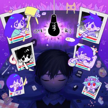 2girls 5boys animated animated_gif antenna_hair apple aubrey_(headspace)_(omori) aubrey_(omori) ball banana baseball_bat basil_(headspace)_(omori) basil_(omori) basket beachball bed big_yellow_cat_(omori) black_eyes black_hair black_vest blush bow bread cat chibi closed_eyes closed_mouth collared_shirt computer copyright_name egg_(food) envelope expressionless flexing flower flower_wreath food fried_egg fruit frying_pan gameplay_mechanics gem_(symbol) green_hair grin hair_behind_ear hair_between_eyes hair_bow hands_up head_wreath health_bar hero_(headspace)_(omori) hero_(omori) holding holding_food holding_fruit holding_frying_pan holding_knife jitome kel_(headspace)_(omori) kel_(omori) knife laptop light_bulb long_hair mailbox_(incoming_mail) mari_(headspace)_(omori) mari_(omori) multiple_boys multiple_girls notepad official_alternate_eye_color omori omori_(omori) one_eye_closed open_mouth orange_(fruit) parted_lips pink_bow purple_hair red_eyes satellite shirt short_hair smile something_(omori) sunny_(omori) sweatdrop table teeth toaster toastytoast ufo vest white_shirt wing_collar