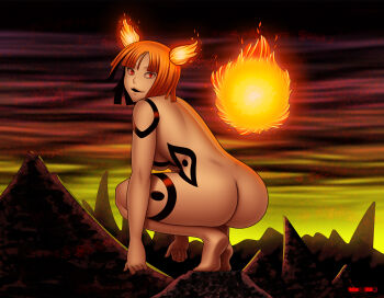 1girl aura blonde_hair breasts energy fire hell kaguya_(soul_eater) large_breasts looking_at_viewer looking_back nude open_mouth pale_skin power red_eyes sitting smirk smug solo soul_eater tattoo