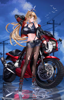 1girl absurdres bare_shoulders black_boots black_jacket black_shorts black_tank_top blonde_hair boots chinese_commentary cloud cloudy_sky collarbone commentary_request day dog_tags eyewear_on_head green_eyes hand_in_own_hair highres iue_(pixiv_95802465) jacket long_hair looking_at_viewer midriff missouri_(warship_girls_r) motor_vehicle motorcycle navel outdoors pantyhose power_lines reflection shirt shorts sky sleeveless sleeveless_shirt solo tank_top torn_clothes torn_pantyhose torn_shorts utility_pole very_long_hair warship_girls_r