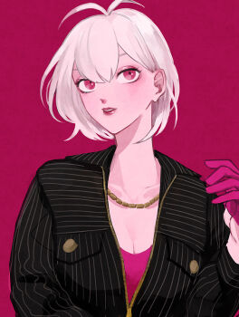 Rule 34 | 1girl, antenna hair, aohitsugi nemu, asymmetrical bangs, black jacket, breast pocket, breasts, cleavage, collarbone, commentary, eyeshadow, gloves, gold necklace, hagaitaine9, hair behind ear, hair between eyes, half gloves, hand up, hypnosis mic, jacket, jewelry, light blush, looking to the side, looking up, makeup, necklace, pale skin, paper texture, parted lips, partially unzipped, pink background, pink eyes, pink eyeshadow, pink gloves, pink shirt, pinstripe jacket, pinstripe pattern, pocket, red lips, shirt, short hair, solo, upper body, white hair