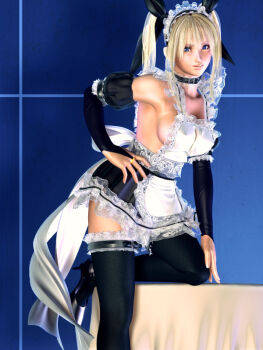 3d apron blonde_hair blue_eyes breasts choker cleavage detached_sleeves frills hair_ornament hand_on_own_hip hand_on_own_knee high_heels incise_soul lace lace-trimmed_panties lace_trim looking_at_viewer m-rs maid maid_apron maid_headdress nipples panties rukia_(incise_soul) sideboob thighhighs twintails underwear