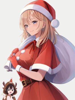 2girls alternate_costume animal_costume animal_hood antlers belt blonde_hair blush bow brown_eyes brown_hair commentary_request cowboy_shot dress fumei_(mugendai) gloves hair_bow hat highres hood horns looking_at_viewer maribel_hearn medium_hair multiple_girls neck_ribbon purple_eyes red_dress red_gloves red_ribbon reindeer_antlers reindeer_costume reindeer_hood ribbon santa_costume santa_hat smile solo_focus thumbs_up touhou usami_renko white_background white_bag