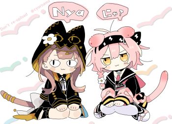 <|>_<|> 2girls :3 animal_ears arknights black_hairband braid brown_hair cat_ears cat_girl cat_tail closed_mouth commentary_request creator_connection crossover extra_ears goldenglow_(arknights) hairband hood hood_up lightning_bolt_symbol long_hair long_sleeves looking_at_viewer multiple_girls naguru_(cyoroama) orange_eyes pepe_(arknights) pink_hair side_braid sitting speech_bubble tail wariza