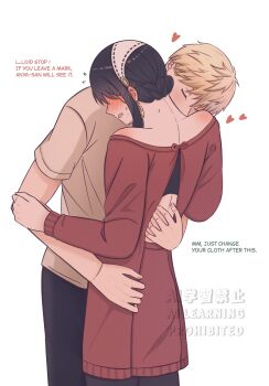 1boy 1girl back_cutout black_hair black_pants blonde_hair blush botchinako clothing_cutout commentary cowboy_shot dress earrings english_commentary english_text from_behind gold_earrings grey_shirt hand_on_another's_back heart hetero highres jewelry kiss kissing_neck long_sidelocks long_sleeves off-shoulder_dress off_shoulder pants red_dress shirt short_hair short_sleeves shoulder_blush sidelocks simple_background spy_x_family sweatdrop talking twilight watermark white_background yor_briar