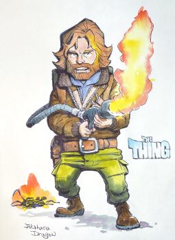 1boy akahanadragon beard belt brown_hair coat copyright_name facial_hair facing_viewer fire flamethrower full_body highres holding holding_weapon male_focus open_mouth r.j._macready solo the_thing weapon