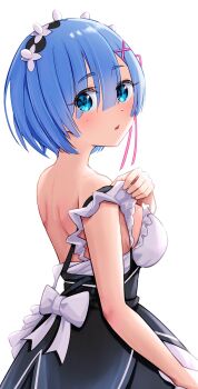 1girl :o bare_shoulders blue_eyes blue_hair blunt_bangs blush breasts commentary_request hair_ornament hair_over_one_eye hair_ribbon highres large_breasts looking_at_viewer maid maid_headdress open_mouth re:zero_kara_hajimeru_isekai_seikatsu rem_(re:zero) ribbon roswaal_mansion_maid_uniform short_hair simple_background solo tarunyan undressing white_background x_hair_ornament