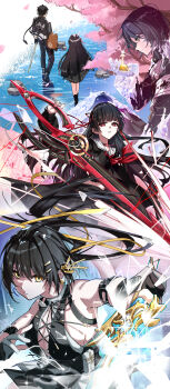 1boy 3girls absurdres bare_shoulders black_choker black_dress black_hair black_jacket black_pants black_serafuku black_shirt black_skirt blake_bloom_(wuthering_waves) breasts bright_pupils chisa_(wuthering_waves) choker closed_mouth commentary_request cross-laced_clothes cross-laced_dress dress dual_persona female_rover_(wuthering_waves) hair_ornament hair_ribbon hairclip highres holding holding_sword holding_weapon jacket large_breasts long_hair male_rover_(wuthering_waves) material_growth mole mole_under_eye multiple_girls namipon_(wuthering_waves) neckerchief pangu_terminal_(wuthering_waves) pants parallel_hairclips parted_lips pink_petals red_eyes red_neckerchief red_ribbon rena_(rena_emc2) ribbon rover_(wuthering_waves) sailor_collar school_uniform serafuku shirt skirt sleeveless sleeveless_dress sumika_(wuthering_waves) sword weapon white_pupils white_sailor_collar wuthering_waves yellow_eyes yellow_ribbon